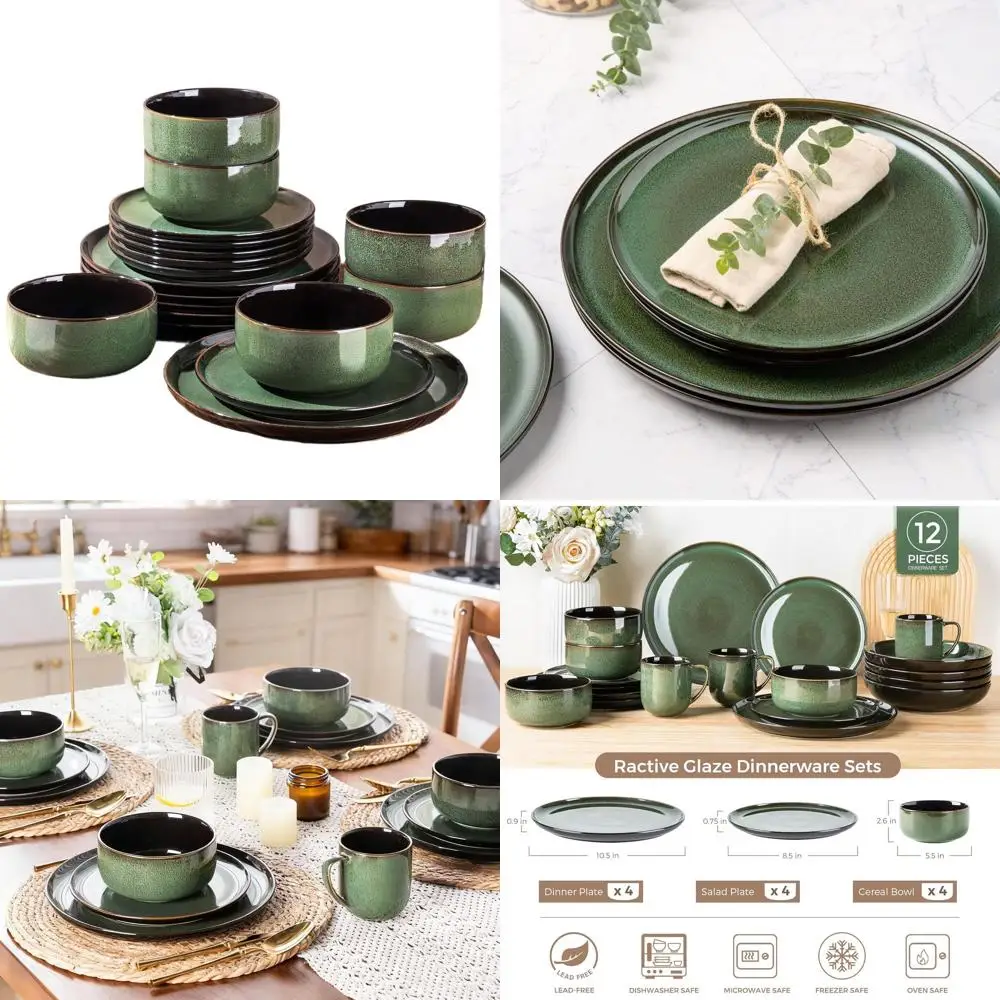 

Handcrafted Reactive Glaze Dinnerware Set for 4, Porcelain Plates and Bowls, Chip Resistant, Oven & Dishwasher Safe
