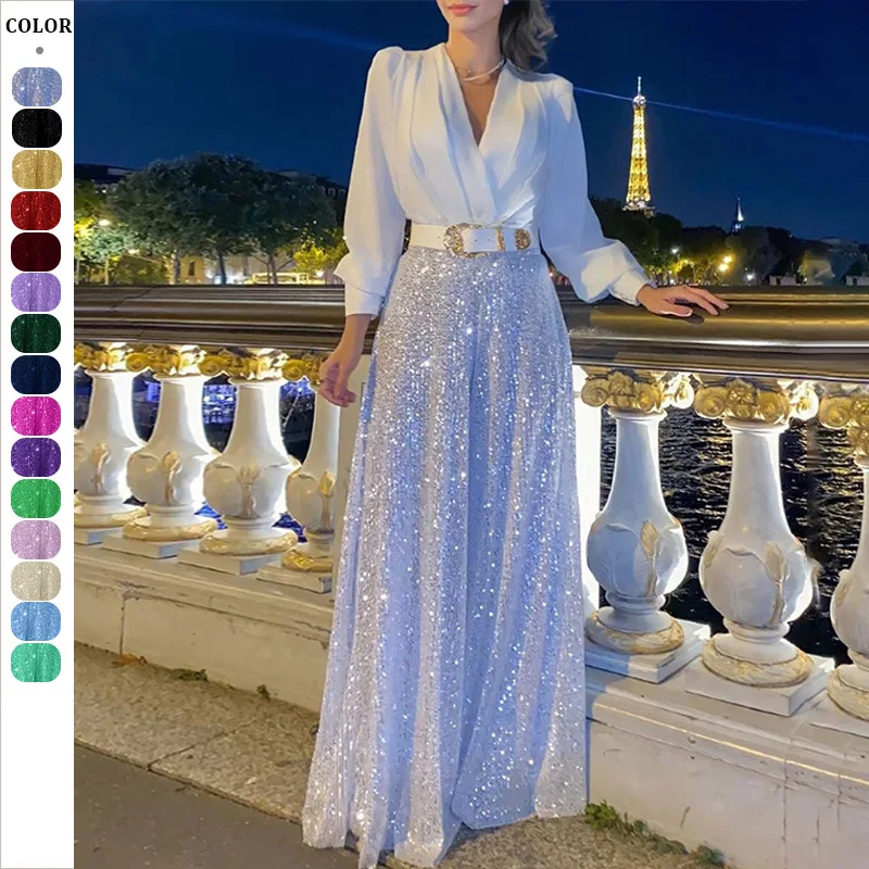 

2025 French elegance white jumpsuit for women; V-neck, waist-cinching sequin wide-leg pants; temperament evening party outfit.