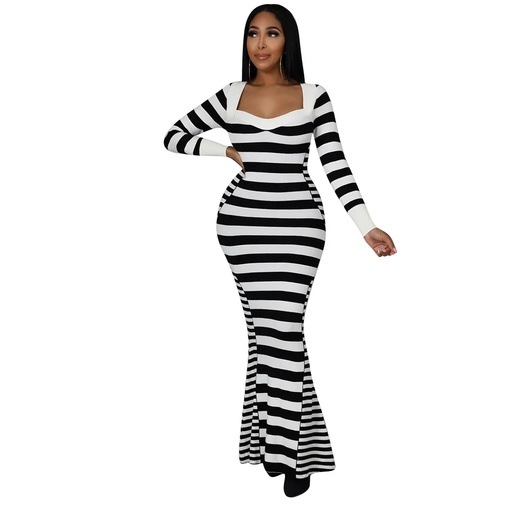 

African Mermaid Dress Women Square Collar Slim Robe 2023 Autumn New Striped Print Fashion Party Long African Maxi Dress Vestidos