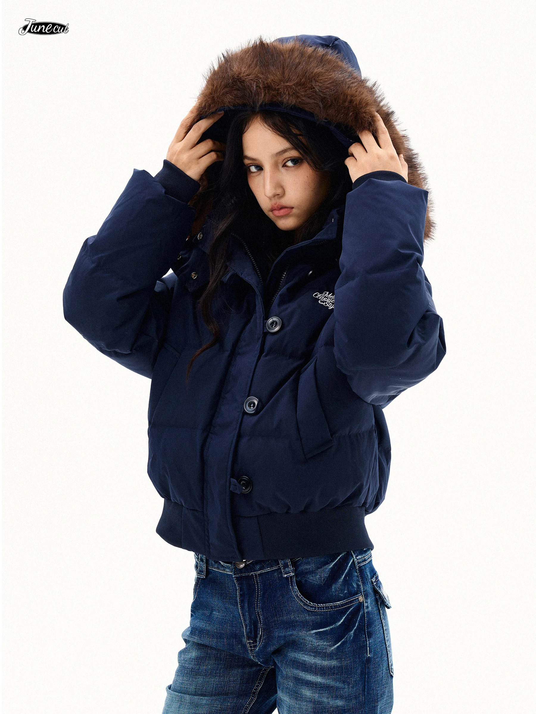 

JUNECUT зимнее тюлевое пальто-манто, теплое ретро универсальное пальто с меховым воротником и капюшоном, повседневное женское пуховое пальто прямого кроя