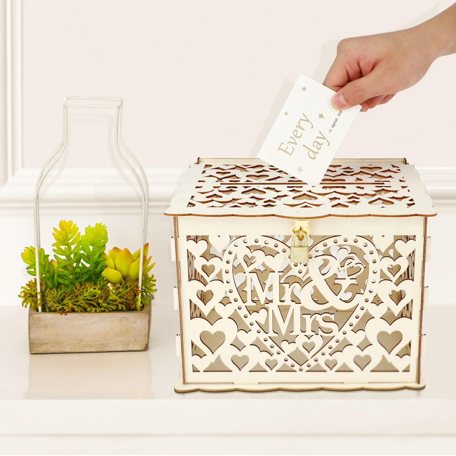 

12pcs Wooden Wedding Box Hollow Love Design With Lock Key For Cards Gifts Storage Diy Handmade Favor Box Party Decoration