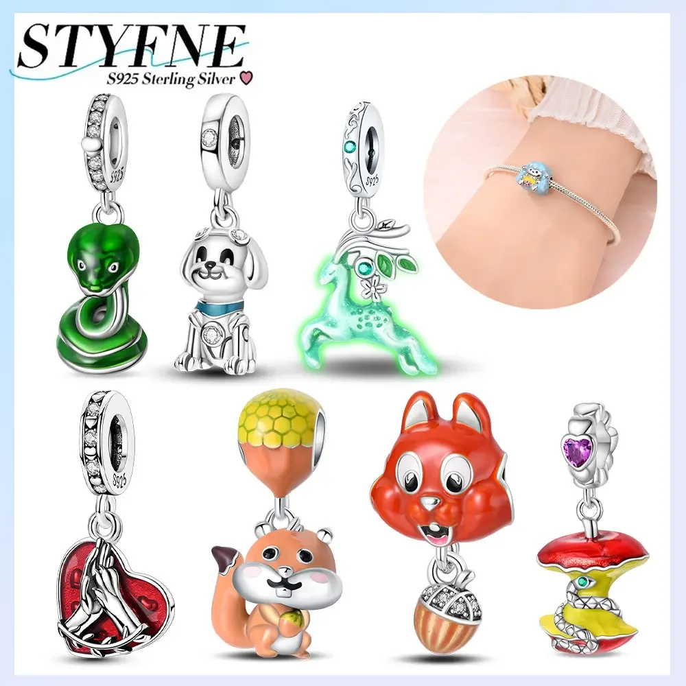 Original 925 Silver Plated Green Snakes Animals Elk Cute Squirrels Pink Claws Bead Fit Bracelet Diy Women Fine Gift Accessory