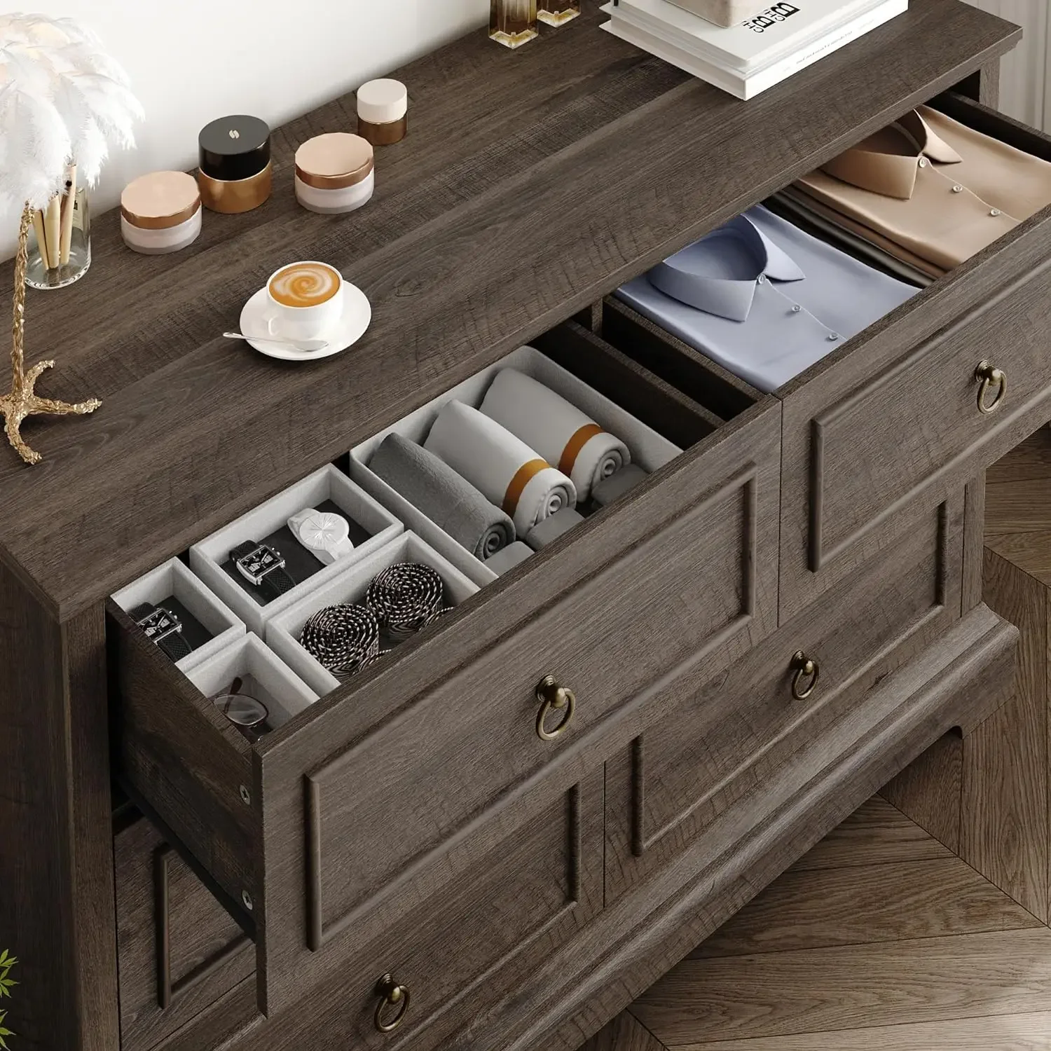 6 Drawer Double Dresser, Modern Farmhouse Chest of Drawers, Wide Dressers Organizer, Accent Wood Storage Cabinet