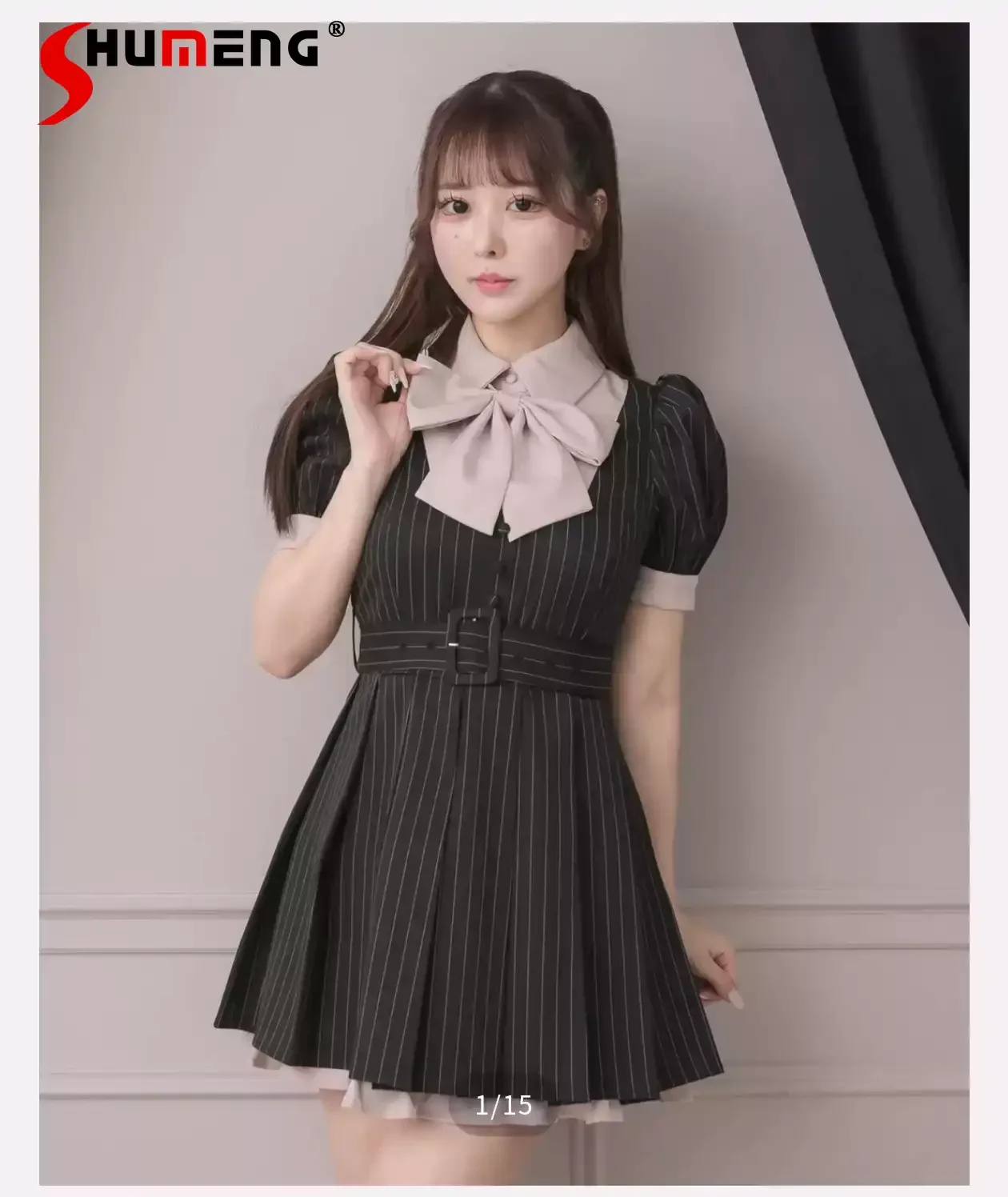 2026 Spring Japanese Style Sweet Cute Girls Polo Collar Lace-up Bow Short Sleeve High Waist Belt Striped Short Dress for Women