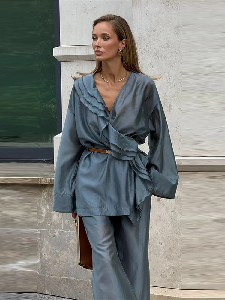 V-Ausschnitt Rüschen Schnürbluse Hosen 2-teiliges Set Damen Sexy Langarm Lockere Bluse Weite Hosen Schicke Damen Outfits Neu – Detail 24