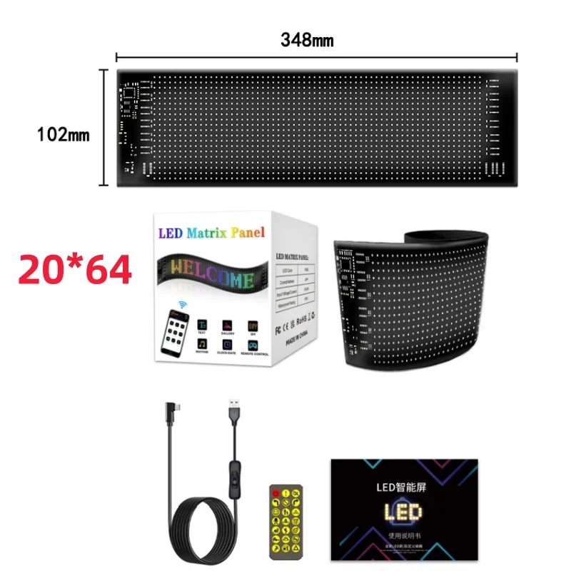 2064 LED Matrix Pixel Panel 5V USB Flexible Addressable RGB Pattern Graffiti Scrolling Text Animation Car Sign Display for Ad.