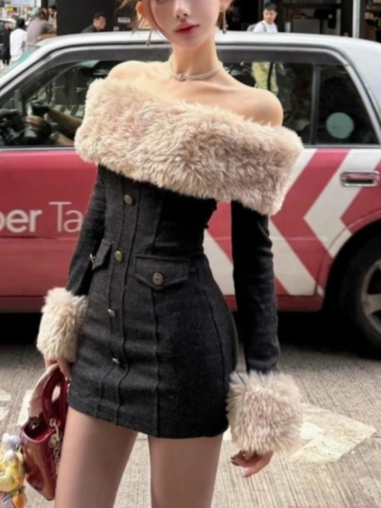 Abito francese elegante retrò sexy da donna con spalle scoperte e dettagli in pelliccia, mini abito aderente, abiti chic alla moda invernale per la festa notturna