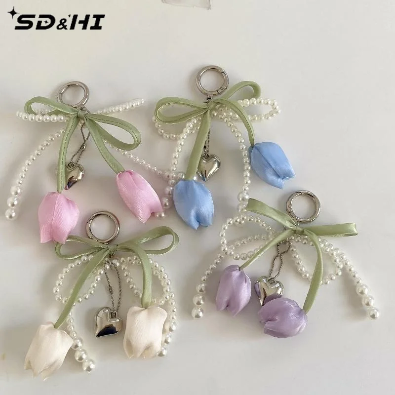 Bag Charm Pendant With Ribbon Pearl Tulip Phone Lanyard Jewelry For Women Key Chains DIY Decoration