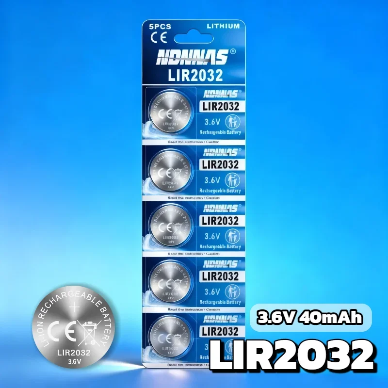 

LIR2032 Rechargeable Battery 3.6V 40mAh Coin Cell Lithium Ion Battery for CR2032 Replacement - Long Cycle Life Button Battery