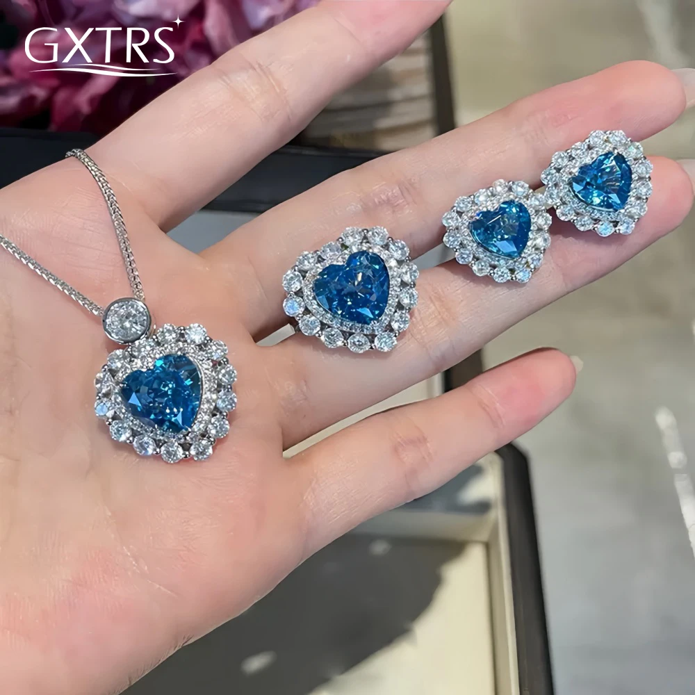 

GXTRS 9x11mm Heart Shape Blue Gem Zircon Luxury Jewelry Sets For Women S925 Silver Necklaces Rings Earring Wedding Gifts Jewelry