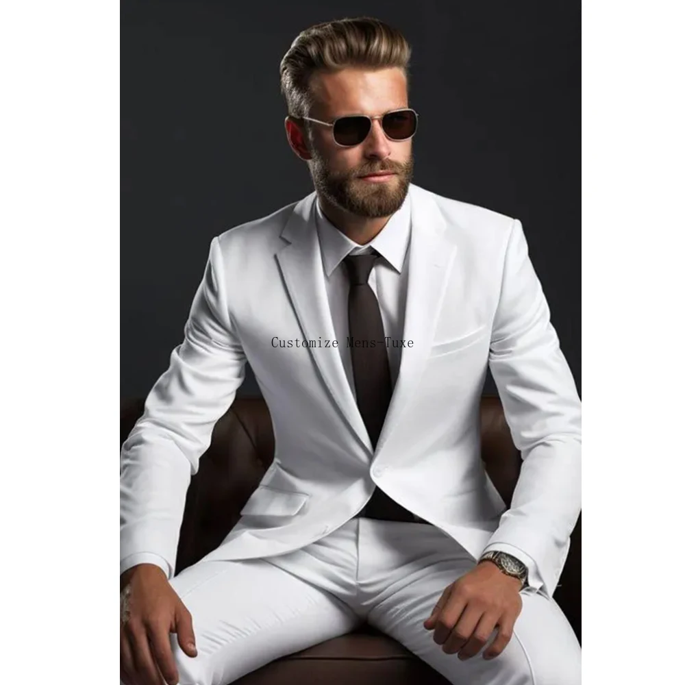 

White Male Suit Slim Fit Summer Single Breasted Notch Lapel Two Piece Fashion Formal Smart Casual (Jacket+Pants)