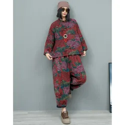 2024 Autumn Peony Flower Pattern Cotton Linen Double-layer Diagonal Buckle Long Sleeved Shirt + Pants Two-piece Set ZF241