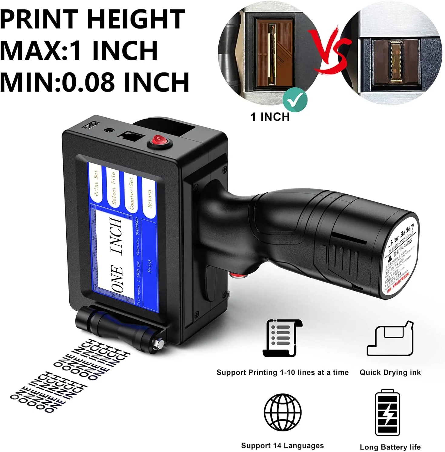 Handheld Inkjet Printer 25.4 mm Portable Date Printer for Printing on PE Box/Package