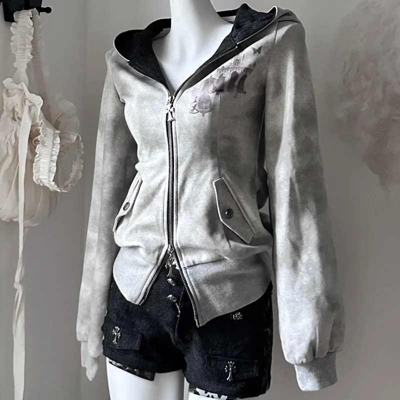 

Y2k Women Autumn Winter New Style Cultivate One's (moral) Character Overcoat Grey Hooded Hoodie Divine Church Printing Cardigan