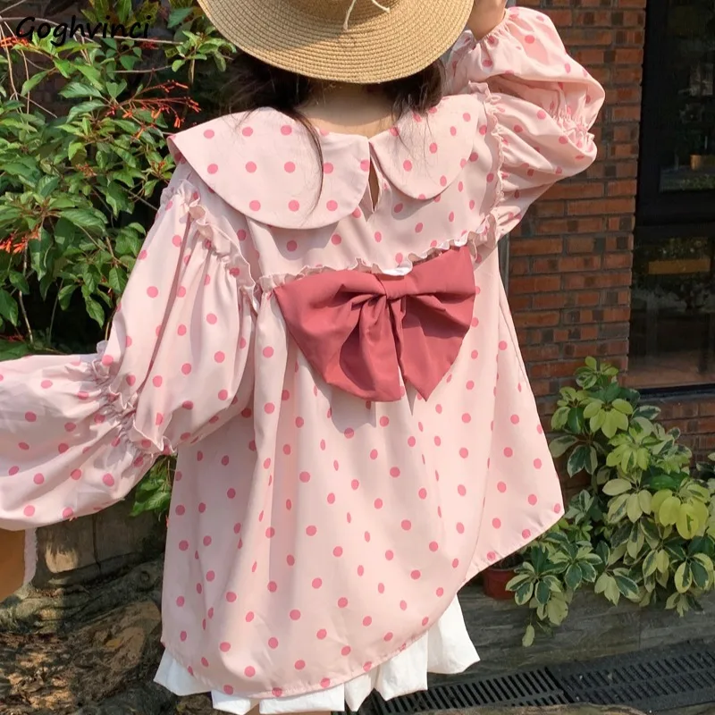 

Women Shirt Polka-dot Korean Fashion Loose Fit Autumn Sweet Lovely Girls Age-reducing Bow Design Long Sleeve Kawaii Mujer