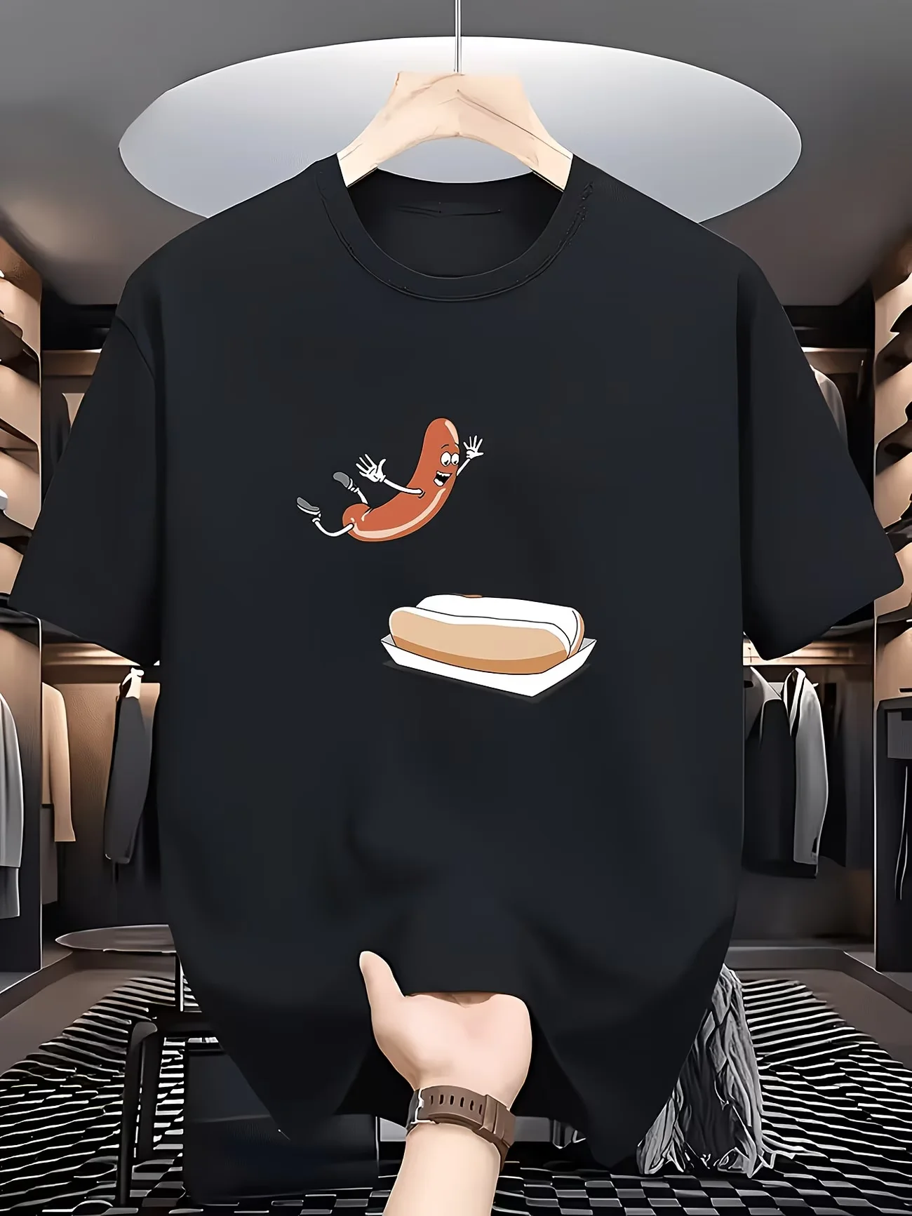 Funny Jumping Hot Dog Graphic T Shirt Humorous Food Print Summer Short Sleeve Loose Top Harajuku Aesthetic Black Tee for Men