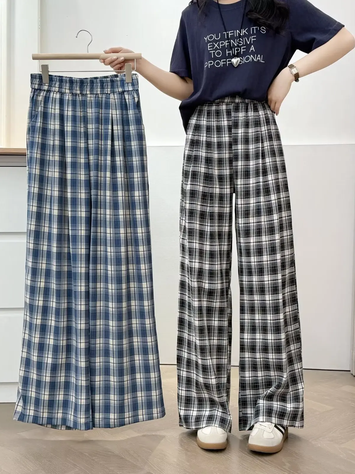 

High Waist Straight Leg Pants Korean Style Casual Plaid Elastic Waist Wide Leg Long Pants plus Size Women's Summer Fashion