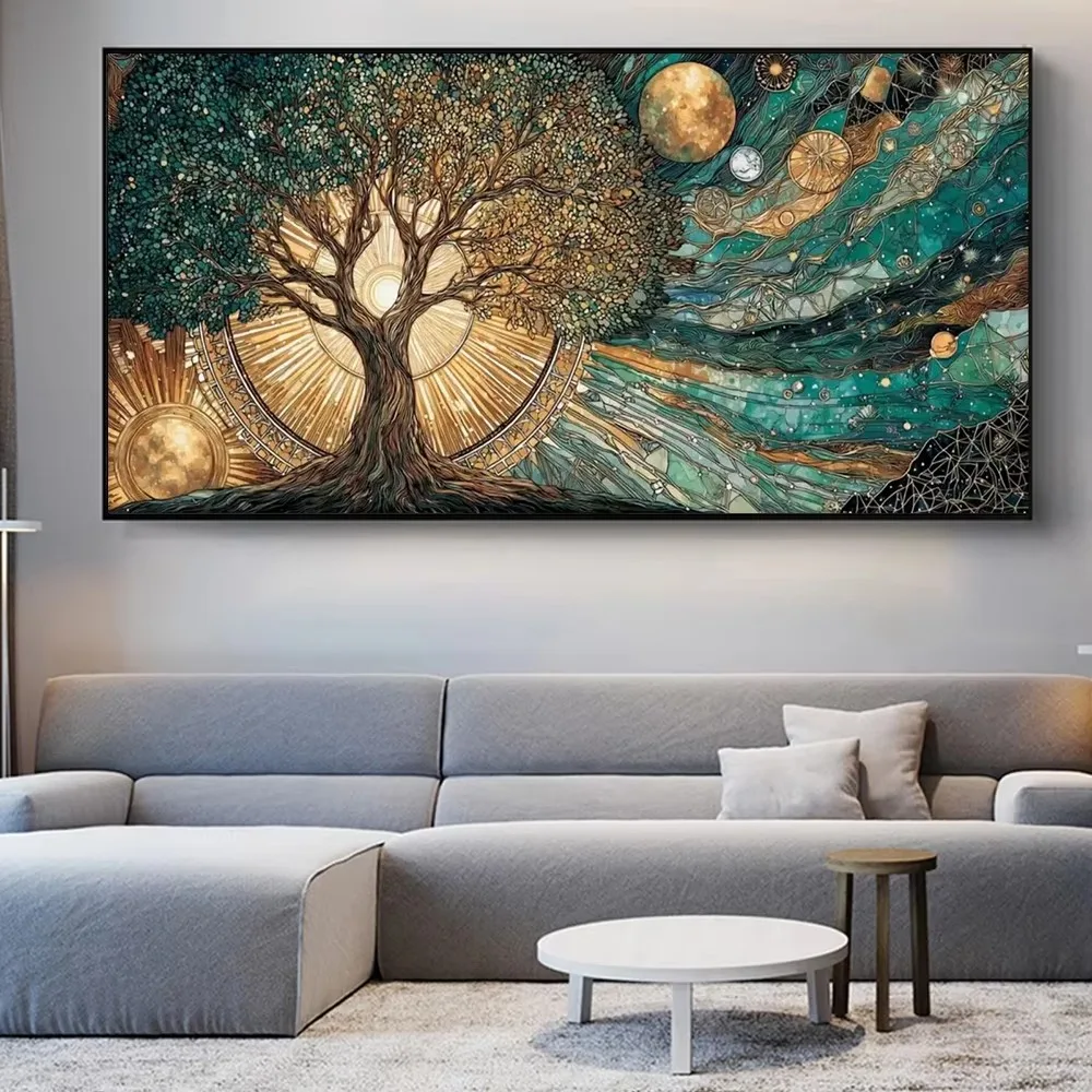 Celestial Tree of Life Canvas Painting Sun and Moon Cosmic Poster Print For Living Room Home Decor Abstract Tree Wall Art ﻿