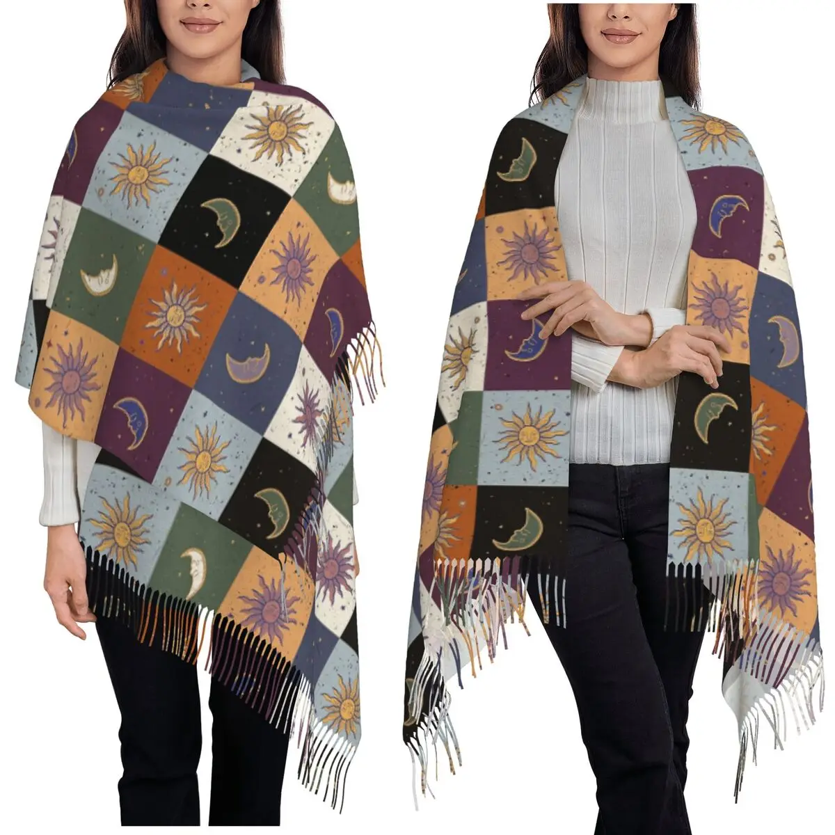 العصرية الشمس القمر بوهو كوزموس علم التنجيم وشاح شرابة الأوشحة النساء لينة الدافئة شالات ويلتف طويل الخريف الشتاء شال التفاف