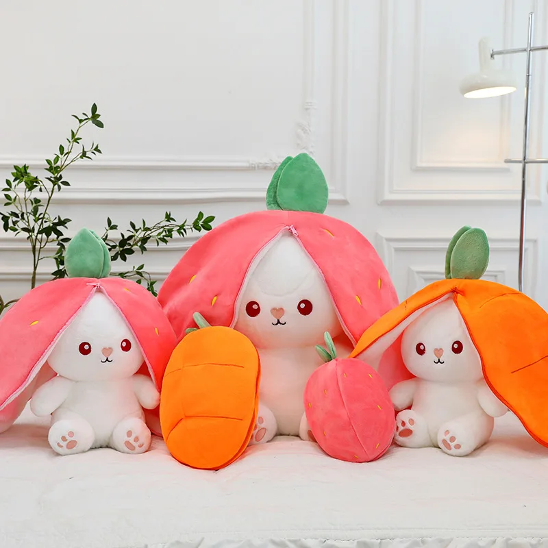 MINISO Funny Joy  Fruit Bunny Plush Toy Cute Carrot Strawberry Turn Into Rabbit Plush Toy Kids Birthday Christmas Gift