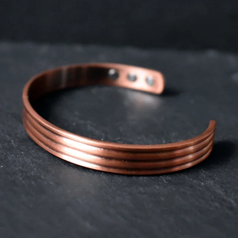 Strong Magnetic Therapy Cuff for Men Pure Copper Minimalist Line Adjustable Bangle for Arthritis Health Unique Christmas Gift