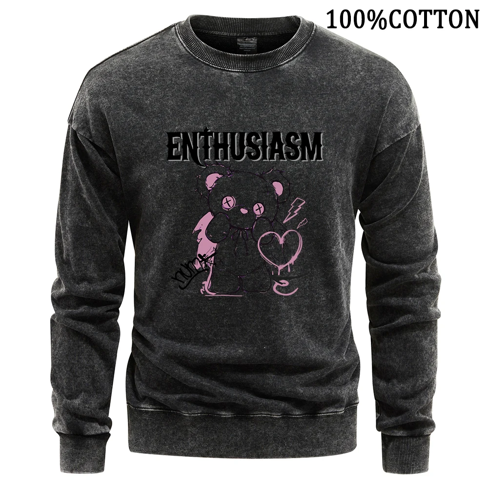 Enthusiasm Pink Bear Men Sweatshirt Retro Washed Hoodie High Quality Cotton Hoodies Flexible Comfort Sweatshirts Autumn Tops