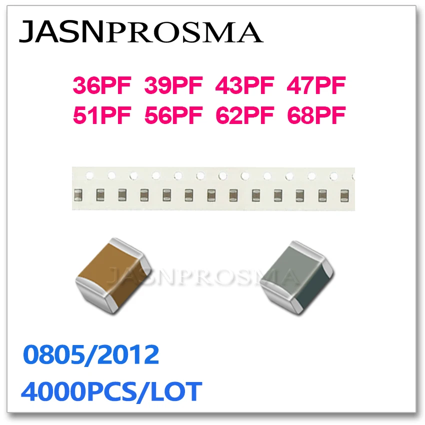 JASNPROSMA 4000 قطعة 0805 2012 COG/NPO بنفايات 5% 36PF 39PF 43PF 47PF 51PF 56PF 62PF 68PF J 50V SMD مكثف عالي الجودة