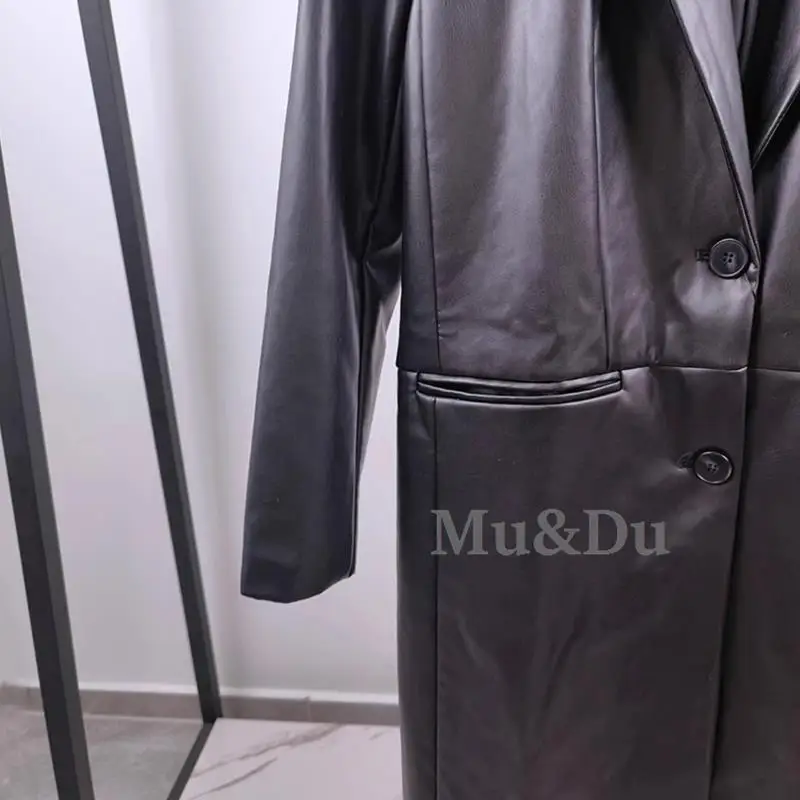 Mu&Du 2024Winter Women Vintage Straight Faux Leather Trench Coat Casual Long Motorcycle Jacket Female Street PU Outwear Overcoat