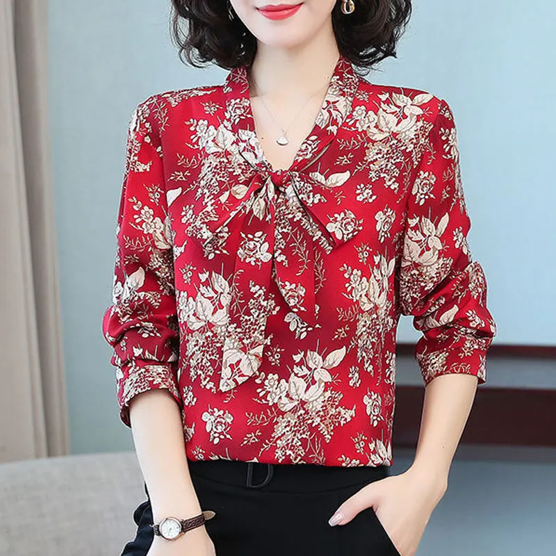 Fashion Vintage Plant Printed Shirt Women\'s Clothing Loose Long Sleeve Commute Spring Autumn Elegant V-Neck Bandage Bow Blouse