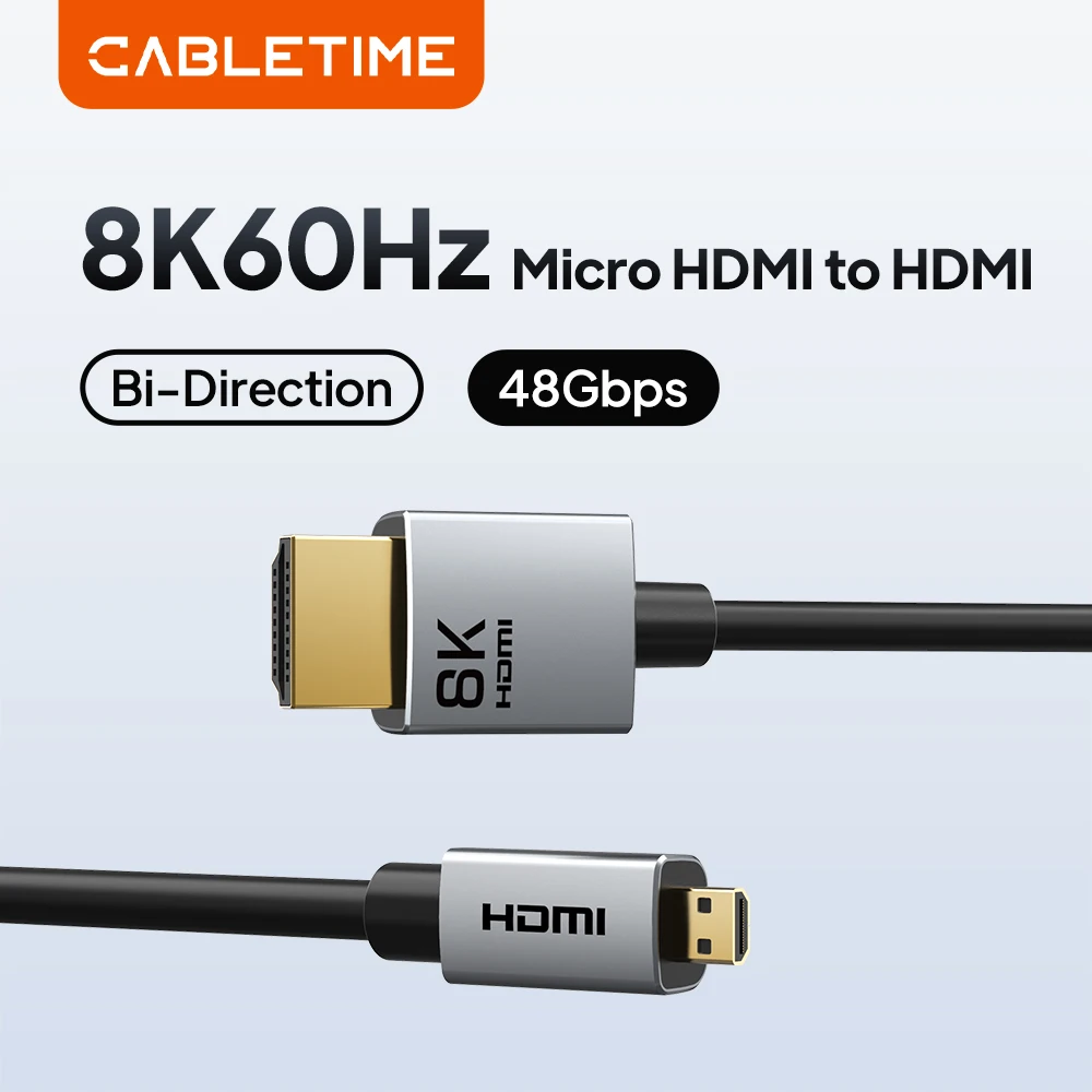 CABLETIME 8K/60Hz Micro HDMI Cable 2.1 3D Effect Micro HD to HD Cable HDMI 2.1 to Micro HDMI for Camera laptop HDTV HDMI Micro