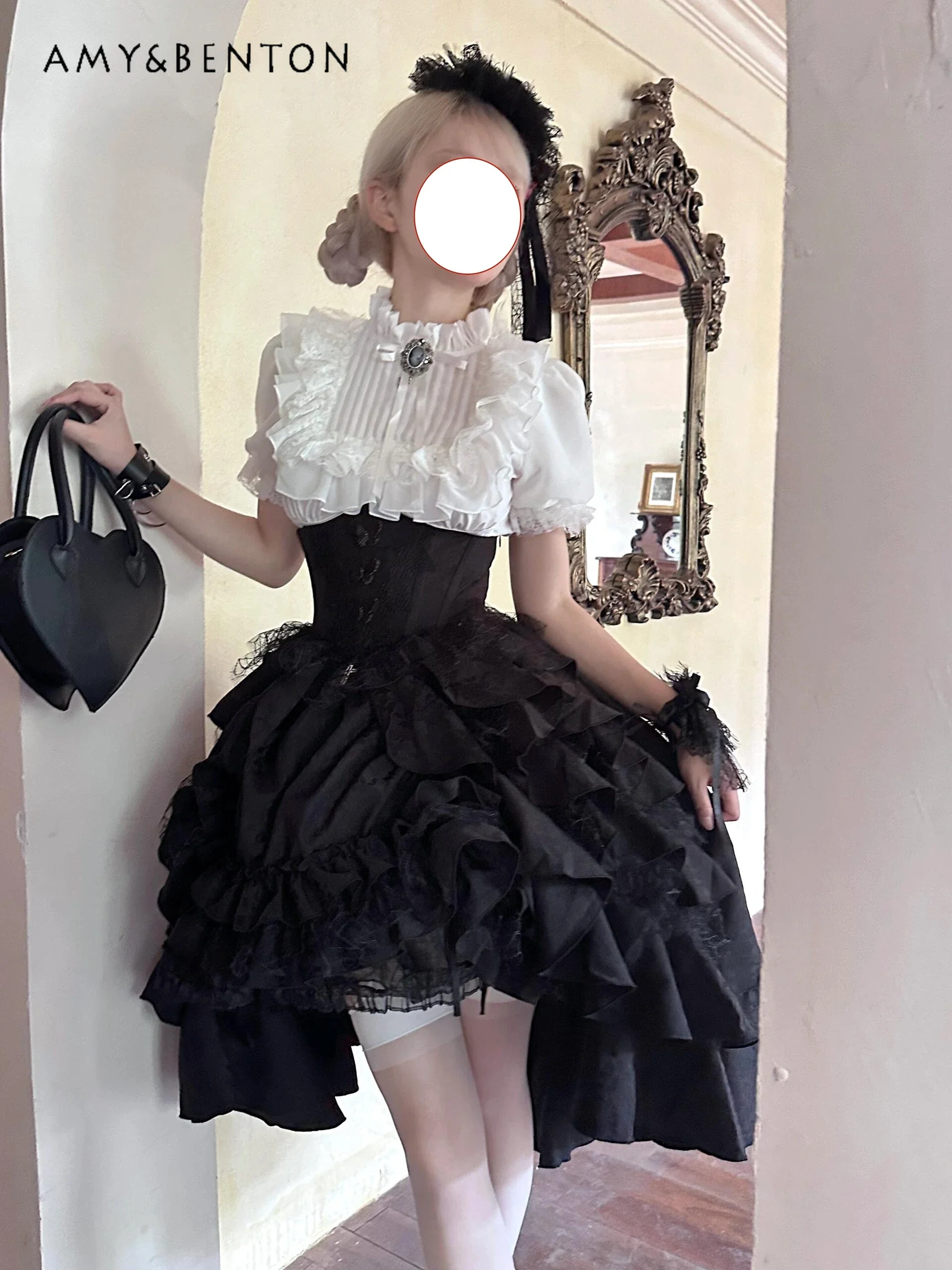 Lolita Subculture Stand Collar Bubble Short-sleeved Lace Shirt High Waist Slim Irregular Multi-layer Tutu Skirt Two-piece Set