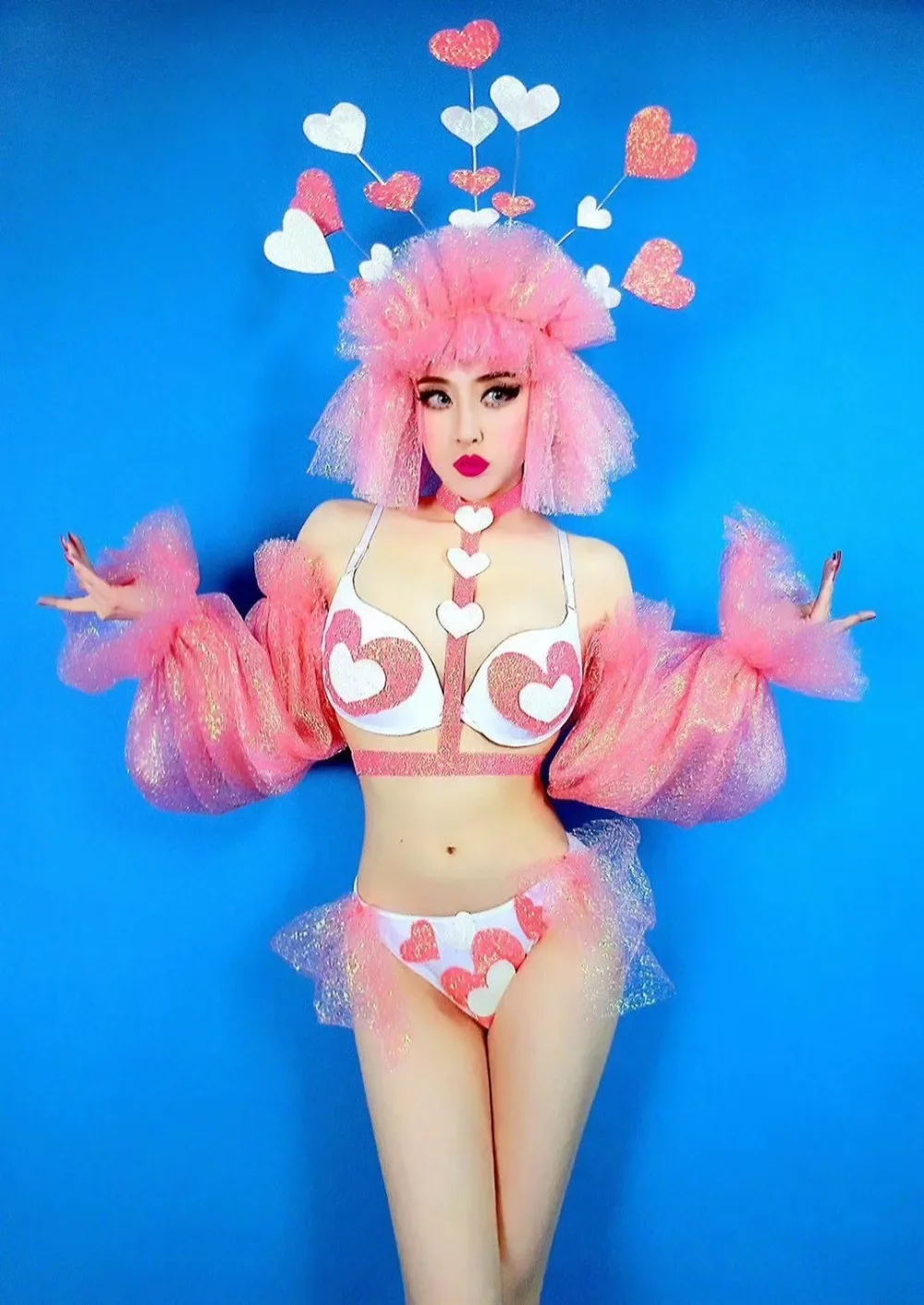 Nachtclub GOGO Tanzkostüm Bikini Kopfbedeckung Sängerin tragen Performance Puffärmel Set Rave Valentine Festival Kleidung