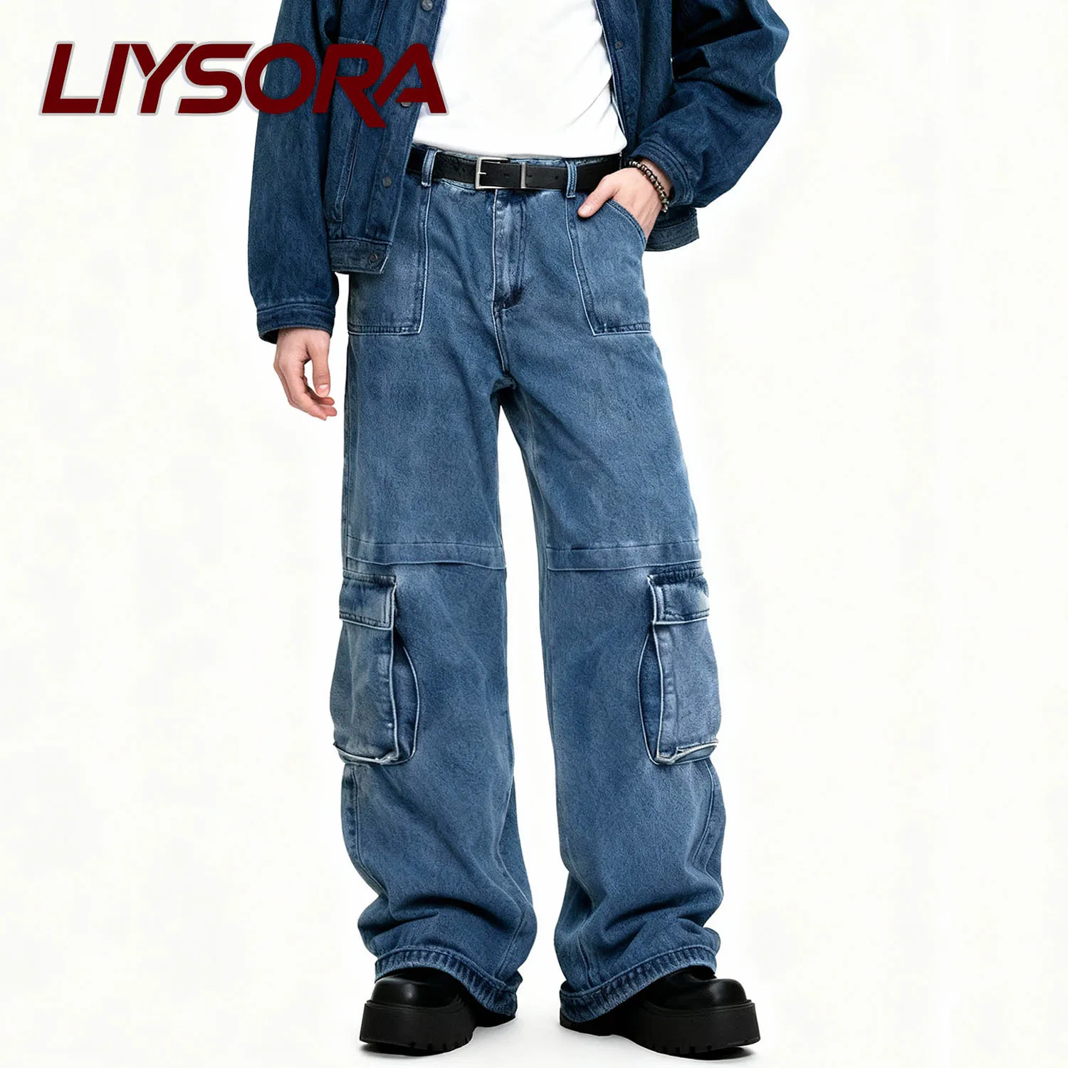 الرجال الأمريكية الأزرق الرجعية غسل فضفاض مستقيم الجينز الذكور متعدد جيب مستقيم أنبوب فضفاض ملابس العمل أربعة مواسم الدنيم السراويل #2