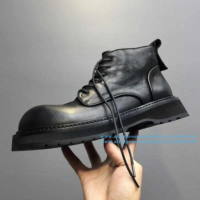 

Thick Soled Men's Shoes Round Toe Men's Boots British Style Motorcycle Boots High Top Leather Shoes Trendy Handmade Men Shoes
