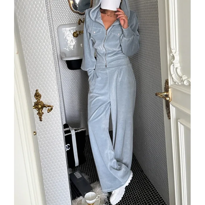 

Korean Chic Velvet Hooded Top High Waist Sports Women's Set Casual Wide Leg Pants Two Piece Suit Long Sve Autumn Winter Fa...