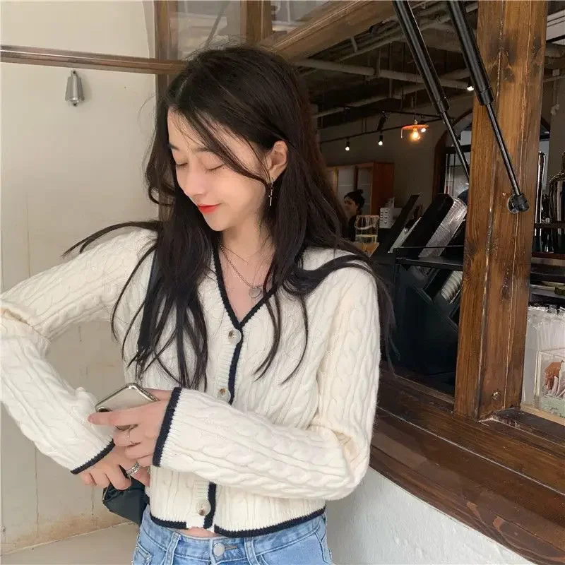 

Укороченные свитера, женский кардиган с v-образным вырезом, милый элегантный женский лоскутный осенний вязаный верх с длинными рукавами, облегающая стильная теплая одежда в стиле ретро