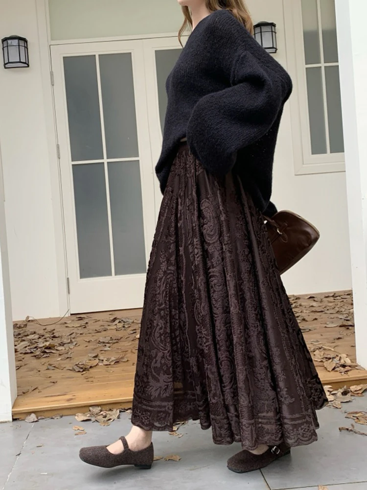 

Velvet Skirt Women Long A Line Elegant Thick Winter Commuting Versatile Lace Mesh Jacquard Solid Color Fashion Daily Skirt