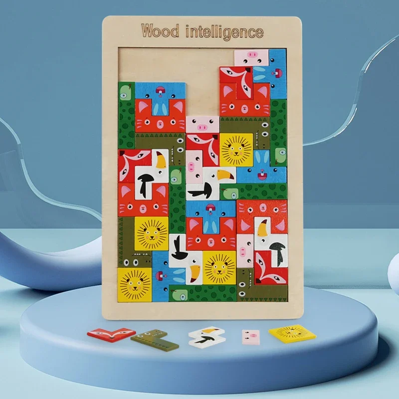 1PC Wooden Blocks Multifunctional Animal Smart Blocks Jigsaw Puzzle Game Traffic 3D Educational Educational Toys for Kids
