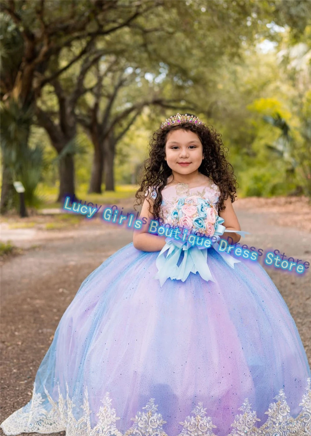 Gorgeous Flower Girl Dress Blue Tulle Purple Fluffy  Wedding Dress Princess Ball Appliques Kids Birthday Party Customised Gowns