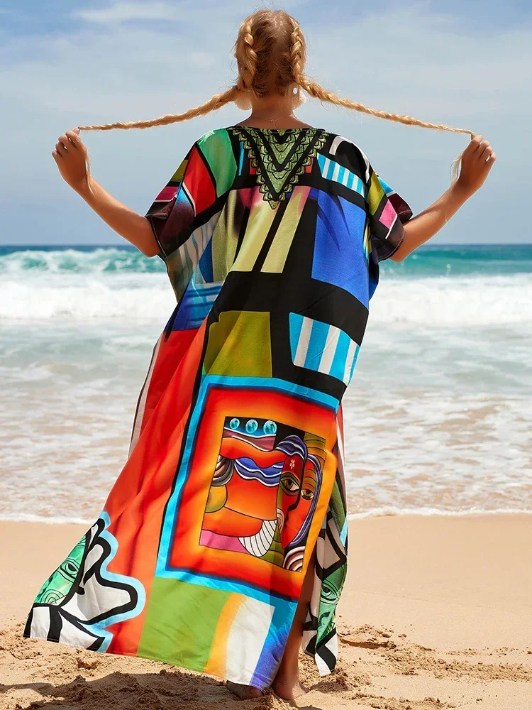 New Cover-up Bohemian Dress Print Multicolor Beach Style Kaftan Swimsuit Cover Up Maxi Dress Robe De Plage 2024 Tunic For Beach