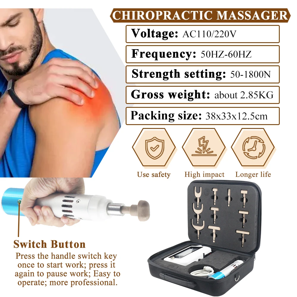1800N Chiropractic Adjusting Tools For Health Care Spine Correction Gun10 Heads Adjustable Intensity Therapy Spinal Massager New