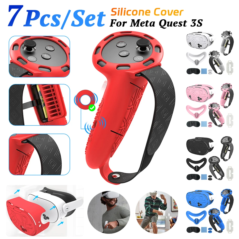 

7Pcs VR Silicone for Meta Quest 3S VR Protective Accessories Set VR Face Cover Controller Grips Cover Lens Cover VR Shell Cover