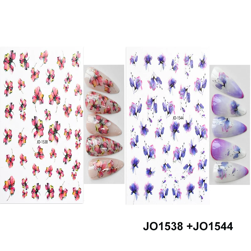 2 Pieces Floral Leaf Glitter Embellished Nail Stickers Ink Blooming Floral Designs Simple Watercolor Slider Nail Decoration