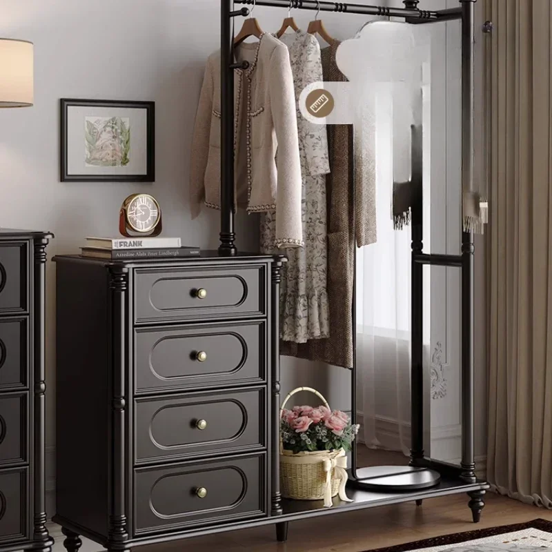 

American retro style all-solid wood coat rack, chest, integrated with full-length mirror hanging hanger, floor storage rack