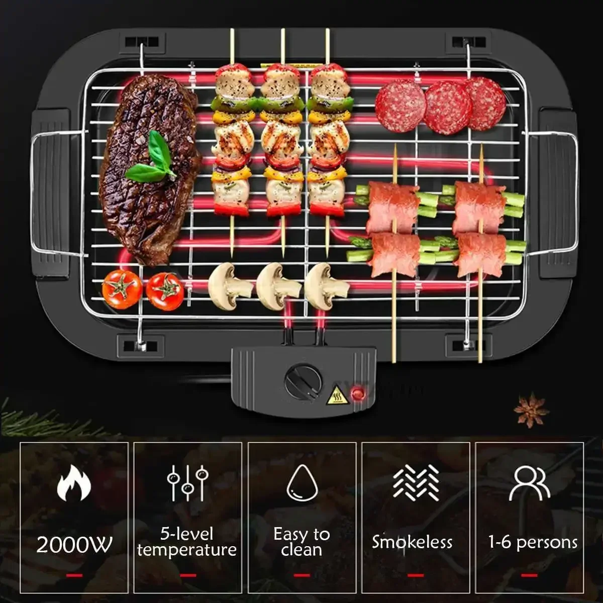 2000W Electric BBQ Grill Multi-function Smokeless Barbecue Machine Home BBQ Grills Indoor Roast Meat Dish Plate Multi Cookers