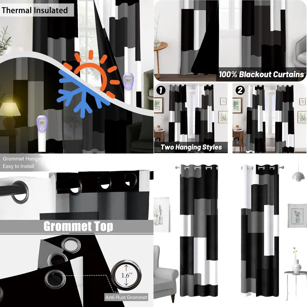 

Черно-серые 100% плотные шторы для спальни, длина 96 дюймов, комплект из 2 панелей, белые, серые, современные абстрактные геометрические черные шторы
