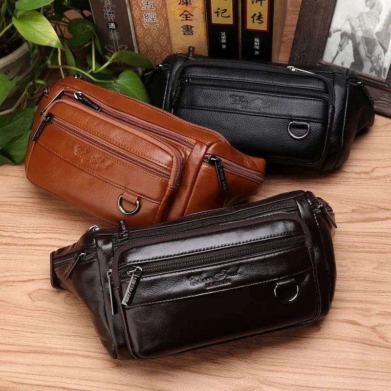 Men Waist Fanny Bags Sling Chest Pack Genuine Leather Casual Fashion Retro Cross body Male Real Cowhide Loop Hip Belt Bum Bag