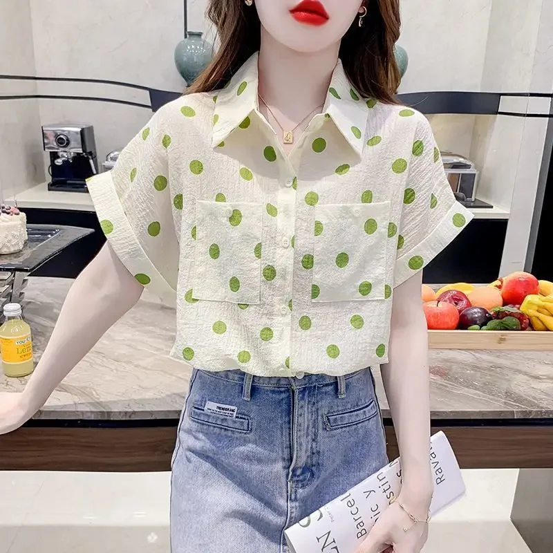 Korean Fashion Summer Women's Collar Polka Dot Pockets Simplicity Versatile Single Breasted Short Sleeve Chiffon Shirt Tops