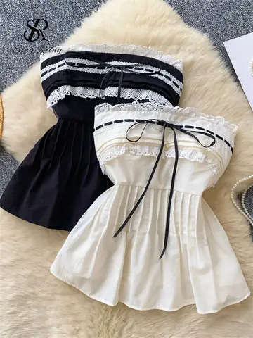 SINGREINY Korean Strapless Embroidery Blouse Female Bow Slim Pleated Hotsweet Top Streetwear Backless Bohemian Vacation Camisole