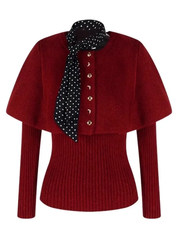 الكورية Sle Cisas موضوع الأحمر عباءة سترة مجموعة المرأة الخريف الشتاء كسول الراقية محبوك بلوزات ومجموعة بوت #5